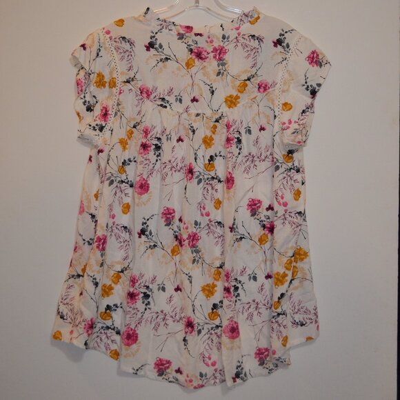 BUFFALO David Bitton White-Pink-Black Split-Neck Ties Buttons Ruffles Lace Top S - Picture 2 of 7